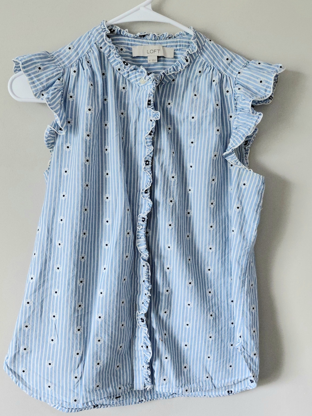 LOFT Light Blue and White Stripe Ruffle Sleeve Shell Top